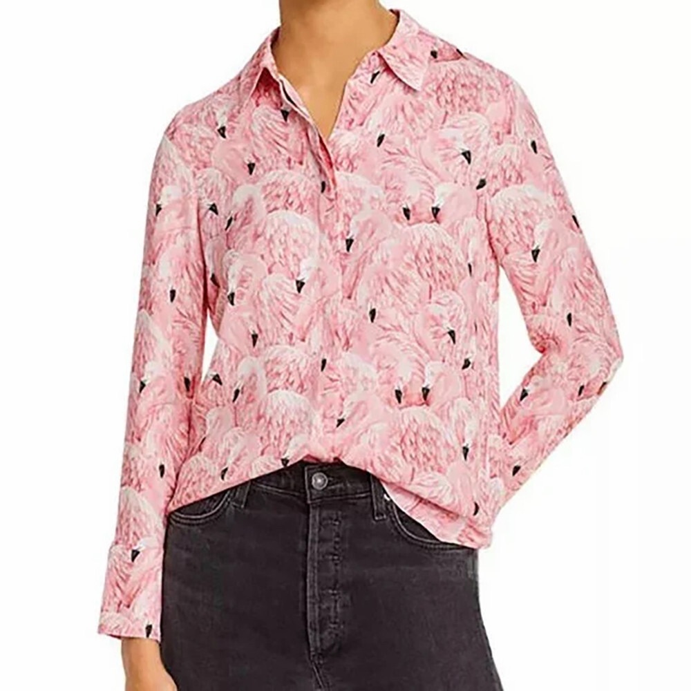 Alice + Olivia Willa Nathan Flamingo Print Pink Blouse Top Shirt Bird Feather XL